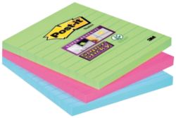 Post It Super Sticky Lined Notes in Ultra Bright Green and Pink 100 x 100mm 3 Pads Per Pack