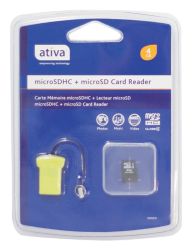 Ativa Class 4 Micro SDHC SD Card 4GB with USB Card Reader 