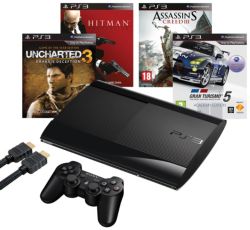 Sony PS3 500GB Console Assassins Creed 3 Hitman Absolution HDMI Cable Free Uncharted 3 Drakes Deception GT5 Academy Edition 