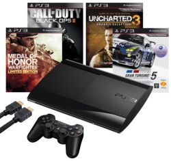 Sony PS3 500GB Console Call Of Duty Black Ops 2 Medal Of Honor Warfighter HDMI Cable Free Uncharted 3 Drakes Deception GT5 Academy Edition 