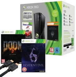 Xbox 360 250GB Console with Forza Essentials and Downloadable Skyrim Resident Evil 6 Doom HD BFG Edition HDMI Cable 