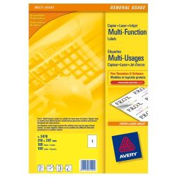 Avery Multi Function and Copier Labels 210 x 297mm 100 Labels Per Box 3478 