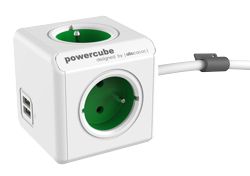 Multiprise Allocacoc PowerCube 2 Ports USB 3 Ports Type E 1.5 m Blanc, vert