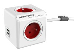 Multiprise Allocacoc PowerCube Avec 2 Ports USB et 3 Ports Type E 1.5 m Blanc, Rouge