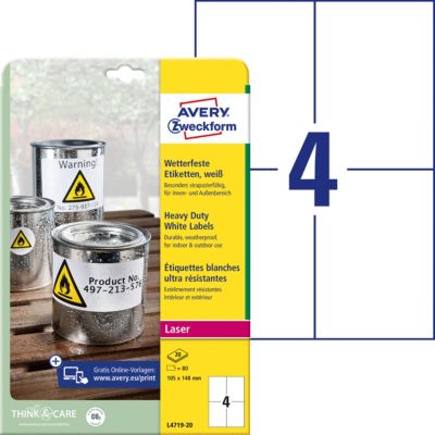Thumbnail - AVERY Zweckform Wetterfeste Etiketten L4719-20 Selbsthaftend DIN A4 Weiß 105 x 148 mm 20 Blatt à 4 Etiketten