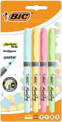 Bic Grip Highlighter Assorted Medium Chisel 1.6 - 3.3 Mm Non Refillable Pack Of 4