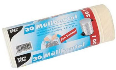 PAPSTAR Müllsäcke 30 L Kordelzug Weiß LDPE (Polyethylen niedriger Dichte) 17 Mikron 30 Stück