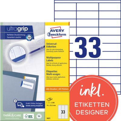 Étiquettes universelles AVERY Zweckform 3421 Ultragrip Blanc A4 70 x 25,4 mm 100 Feuilles de 33 Étiquettes