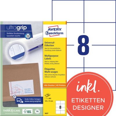 Étiquettes universelles AVERY Zweckform 3427 Ultragrip Blanc A4 105 x 74 mm 100 Feuilles de 8 Étiquettes