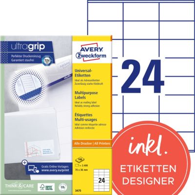 Étiquettes universelles AVERY Zweckform 3475 Ultragrip Blanc 70 x 36 mm 100 Feuilles de 24 Étiquettes