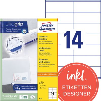 Étiquettes universelles AVERY Zweckform 3477 A4 Blanc 105 x 41 mm 100 Feuilles de 14 Étiquettes