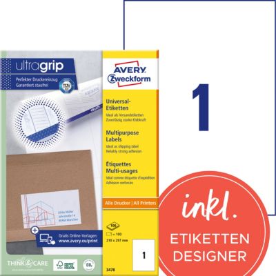Étiquettes universelles AVERY Zweckform 3478 Ultragrip Blanc A4 210 x 297 mm 100 Feuilles de 1 Étiquettes