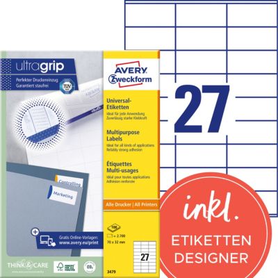 Étiquettes universelles AVERY Zweckform 3479 Ultragrip Blanc 70 x 32 mm 100 Feuilles de 27 Étiquettes