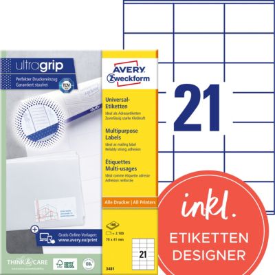 Étiquettes universelles AVERY Zweckform 3481 A4 Blanc 70 x 41 mm 100 Feuilles de 21 Étiquettes