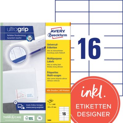 Étiquettes universelles AVERY Zweckform 3484 105 x 37 mm Blanc 105 x 37 mm 100 Feuilles de 16 Étiquettes