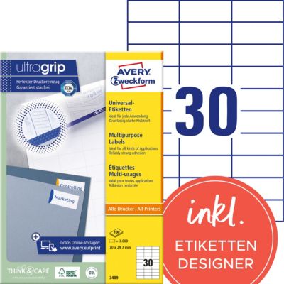 Étiquettes universelles AVERY Zweckform 3489 Blanc 70 x 29,7 mm 100 Feuilles de 30 Étiquettes