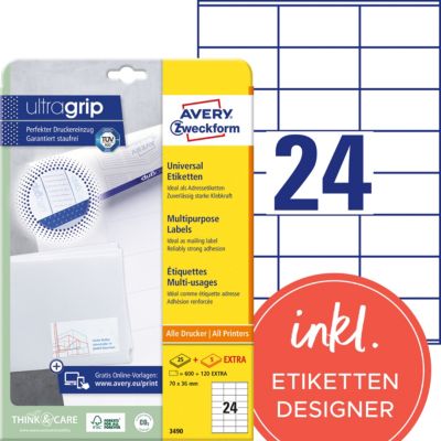 Étiquettes universelles AVERY Zweckform 3490 A4 Blanc 70 x 36 mm 30 Feuilles de 24 Étiquettes