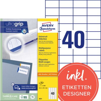 Étiquettes universelles AVERY Zweckform 3651 Ultragrip Blanc A4 52,5 x 29,7 mm 100 Feuilles de 40 Étiquettes