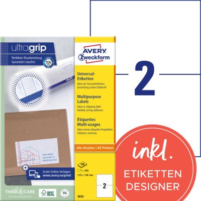 Étiquettes universelles AVERY Zweckform 3655 Ultragrip Blanc A4 210 x 148 mm 100 Feuilles de 2 Étiquettes