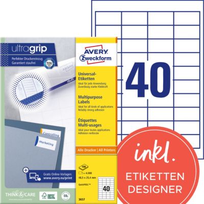 Étiquettes universelles AVERY Zweckform 3657 Ultragrip Blanc A4 48,5 x 25,4 mm 100 Feuilles de 40 Étiquettes