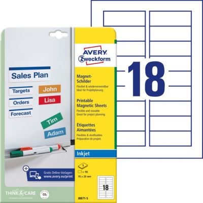 Étiquettes magnétiques Avery J8871-5 78 x 28 mm Blanc Rectangulaire 5 feuilles de 18 étiquettes