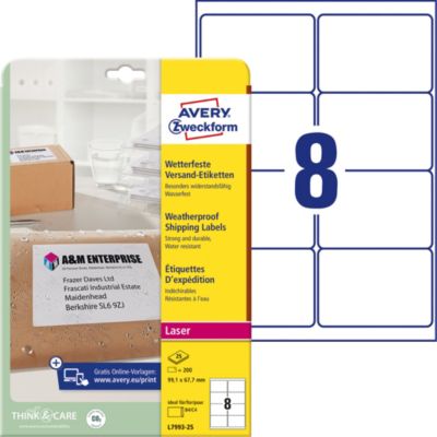 Étiquettes d'expédition AVERY Zweckform L7993 A4 99,1 x 67,7 mm 25 Feuilles de 8 Étiquettes