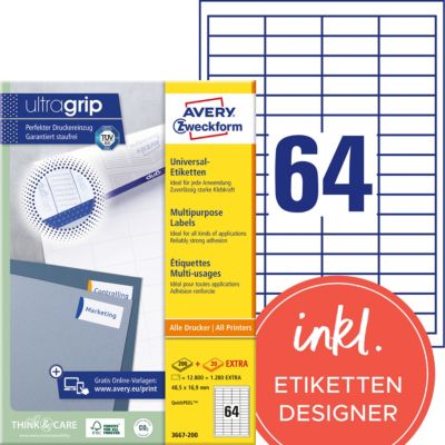 Étiquettes universelles AVERY Zweckform 3667-200 A4 Blanc 48,5 x 16,9 mm 220 Feuilles de 64 Étiquettes