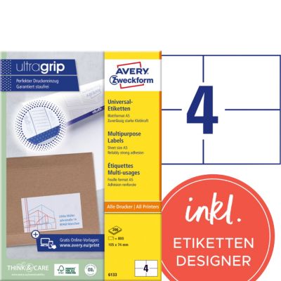 Étiquettes universelles AVERY Zweckform 6133 Blanc 105 x 74 mm 200 Feuilles de 4 Étiquettes