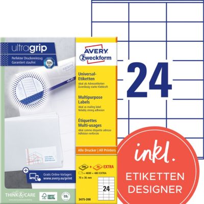 Étiquettes universelles AVERY Zweckform 3475-200 Blanc 70 x 36 mm 220 Feuilles de 24 Étiquettes