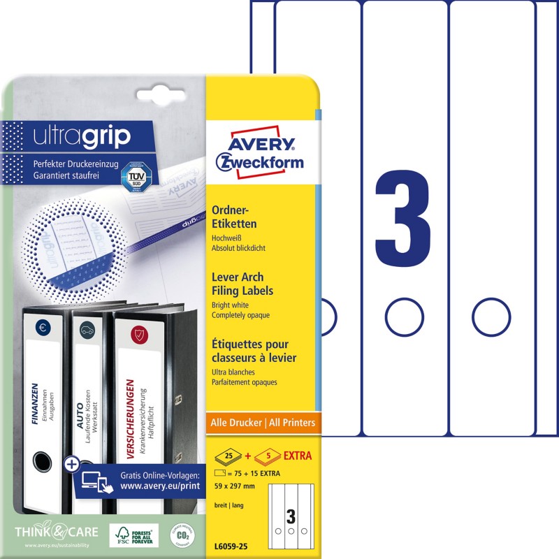 AVERY Zweckform ultragrip Ordneretiketten Selbstklebend L6059-25 S DIN A4 Weiß 5,9 x 29,7 cm 30 Blatt à 4 Etiketten