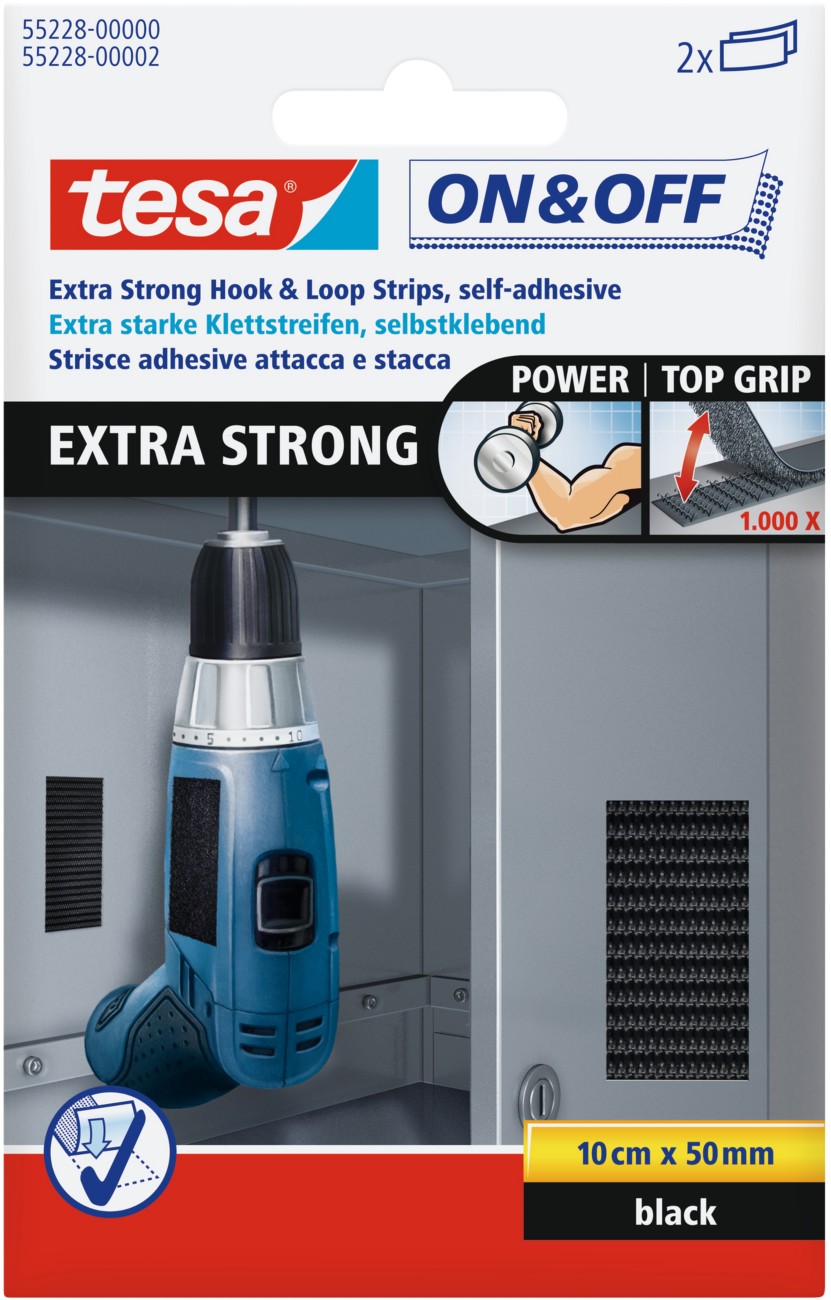 tesa Klettstreifen ON&OFF Extra Strong Schwarz 50 mm (B) x 0,1 m (L) PP (Polypropylen) 2 Stück à 2 Streifen