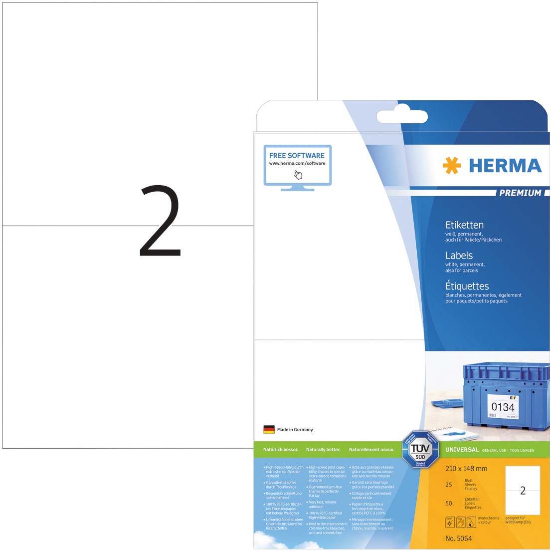 HERMA Universaletiketten 5064 Weiß DIN A4 210 x 148 mm 25 Blatt à 2 Etiketten 1005304