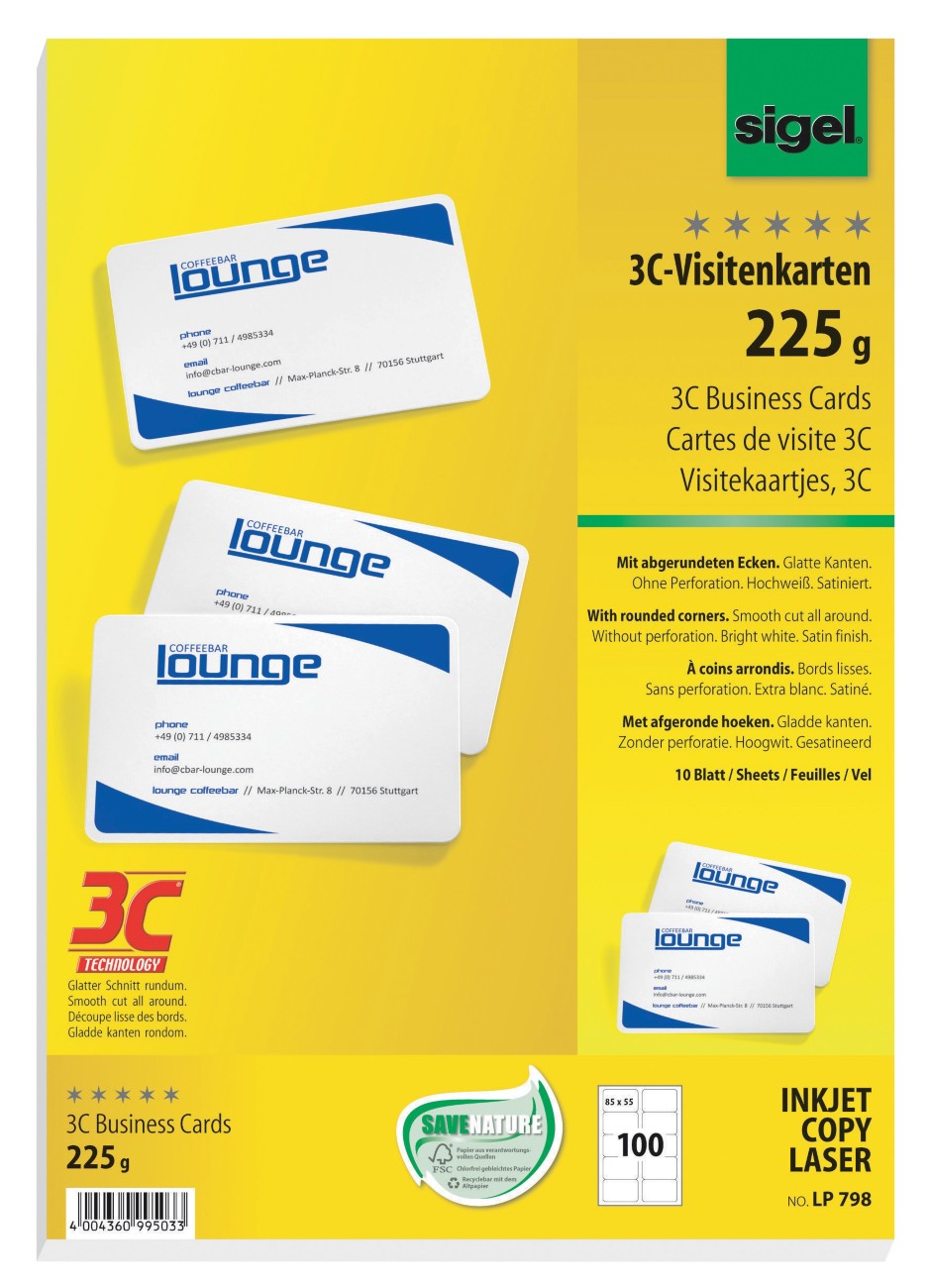 Sigel PC-Visitenkarten 3C 85 x 55 mm 225 g/m² Weiß 10 Blatt à 10 Stück