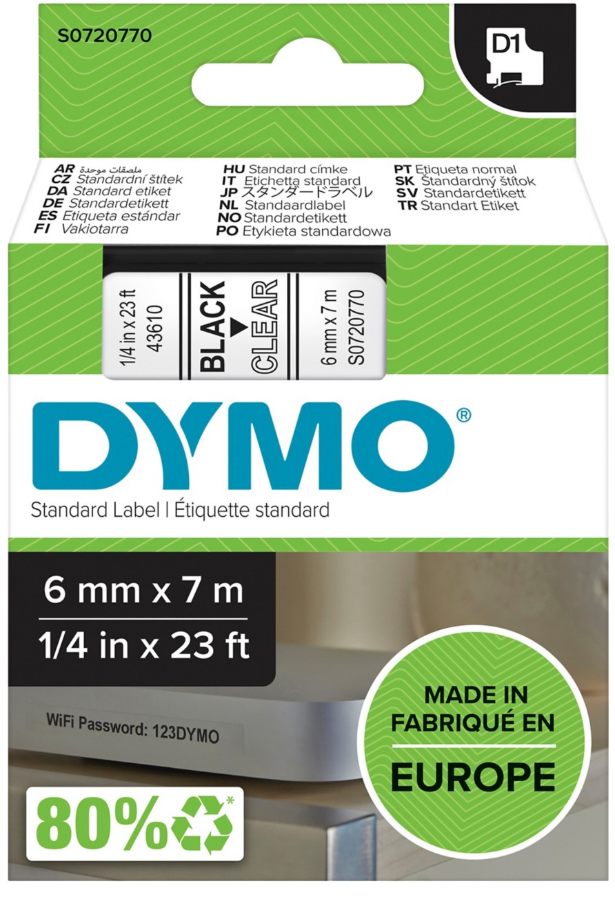 Dymo D1 S0720770 / 43610 Authentic Schriftband Selbstklebend Schwarzer Druck auf Transparent 6 mm x 7m
