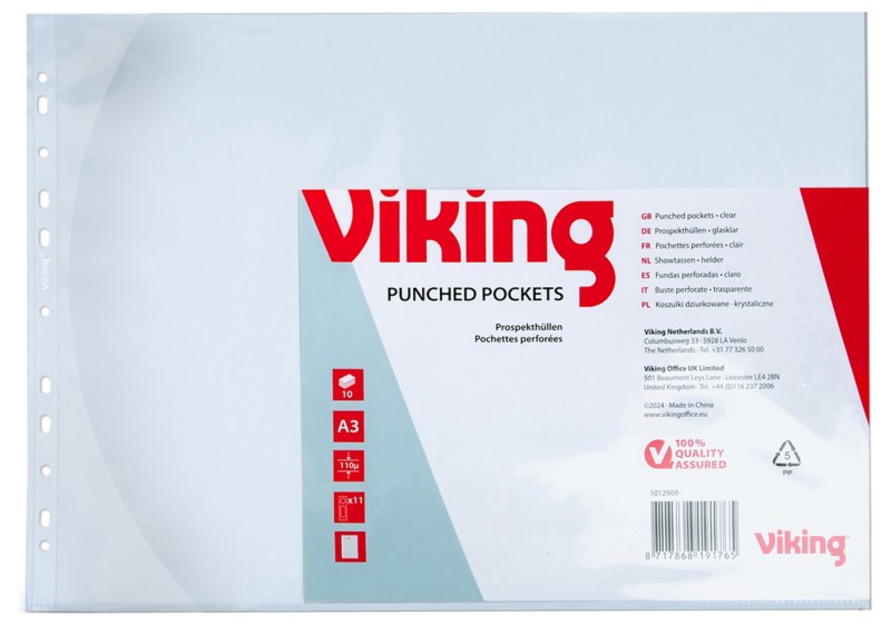 Viking Premium Prospekthüllen DIN A3 Glasklar Transparent 110 Mikron PP (Polypropylen) Oben 11 Löcher 10 Stück