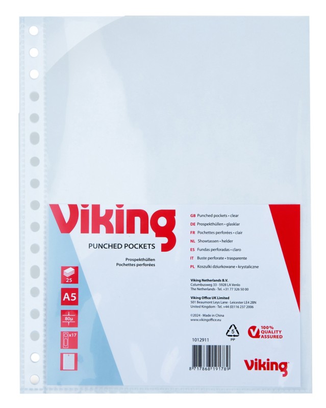 Viking Prospekthüllen DIN A5 Glasklar Transparent 80 Mikron PP (Polypropylen) Öffnung Oben 17 Löcher 25 Stück