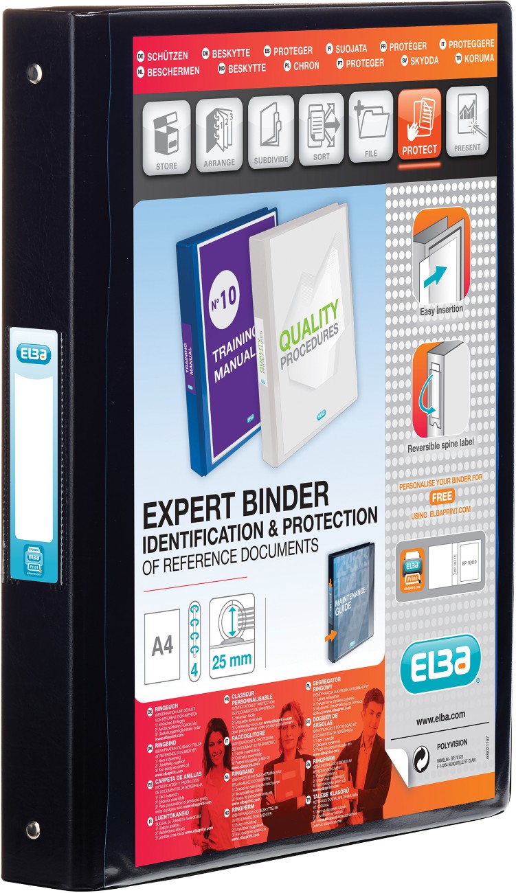 Elba A4 4 O-Ring Binder, 25mm capacity, 30mm spine, Presentation Folder with Customisable Cover, Portrait, Black (Single) - Image 3