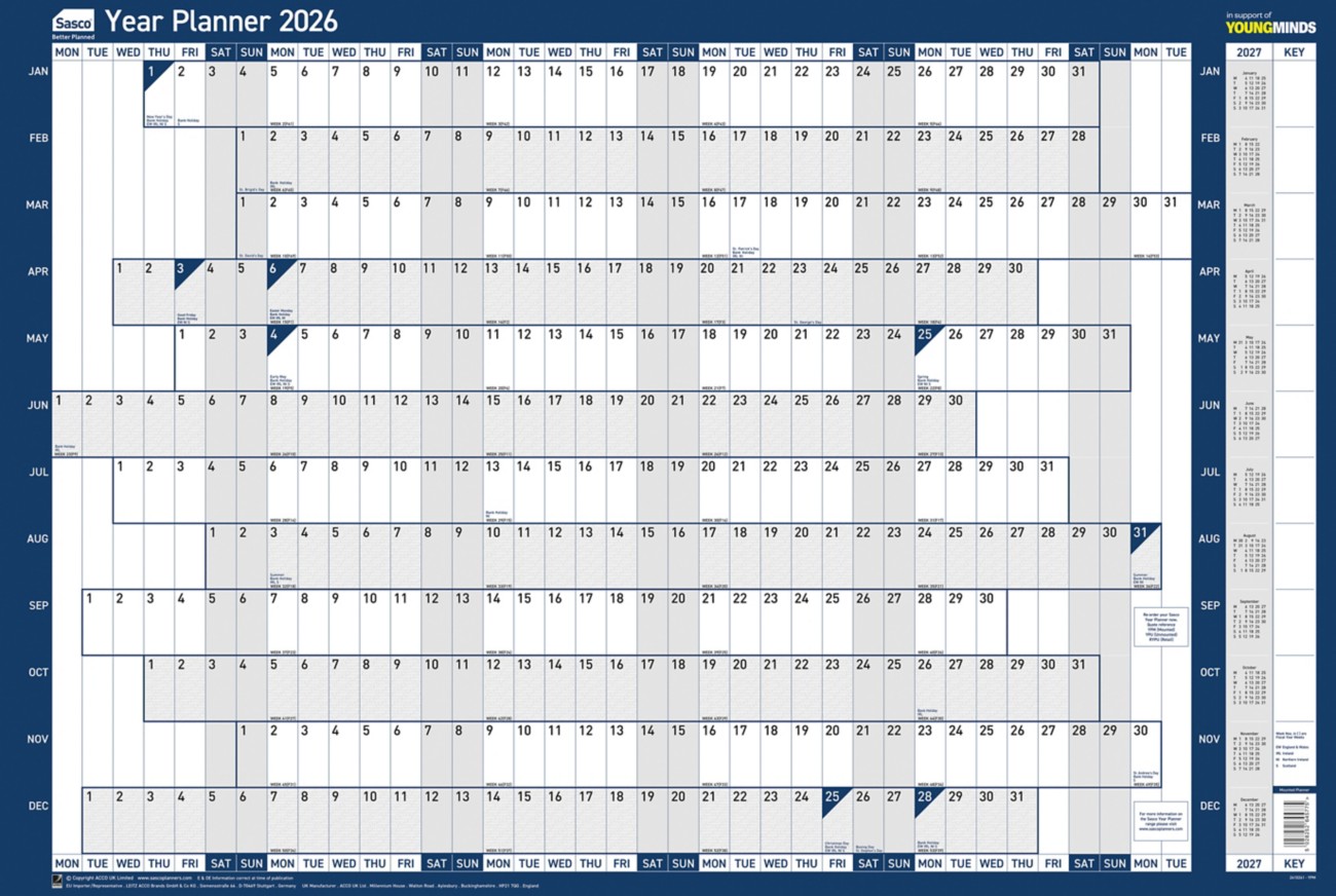 Sasco Mounted Year Planner 2027 English 91.5 (W) X 61 (H) Cm Blue