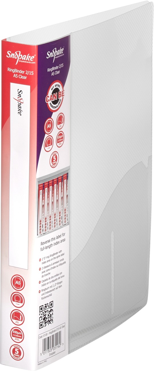 Snopake 15 Mm Ring Binder Pp (Polypropylene) A5 2 Rings Transparent Pack Of 10