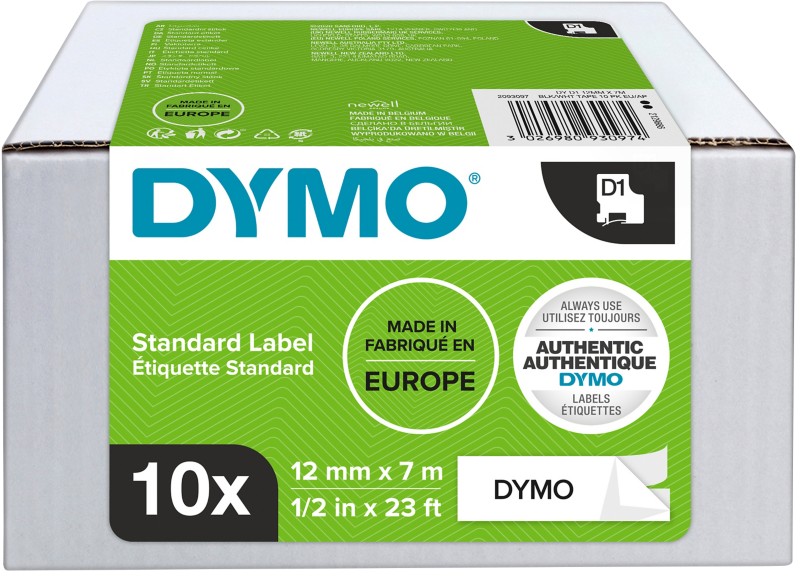 Dymo D1 S0720530 / 45013 Authentic Schriftband Selbstklebend Schwarzer Druck auf Weiß 12 mm x 7m 10 Stück