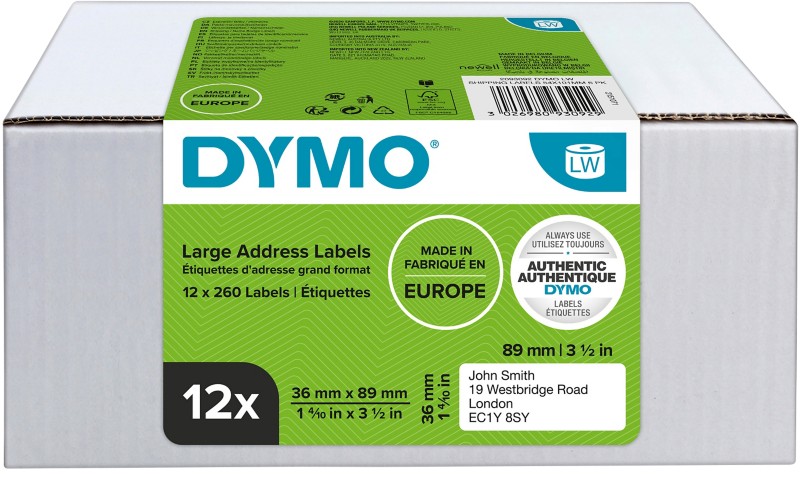 DYMO LW Adressetiketten Authentisch 99012 2093093 Selbsthaftend Schwarz auf Weiß 89 x 36 mm 12 Rollen à 260 Etiketten