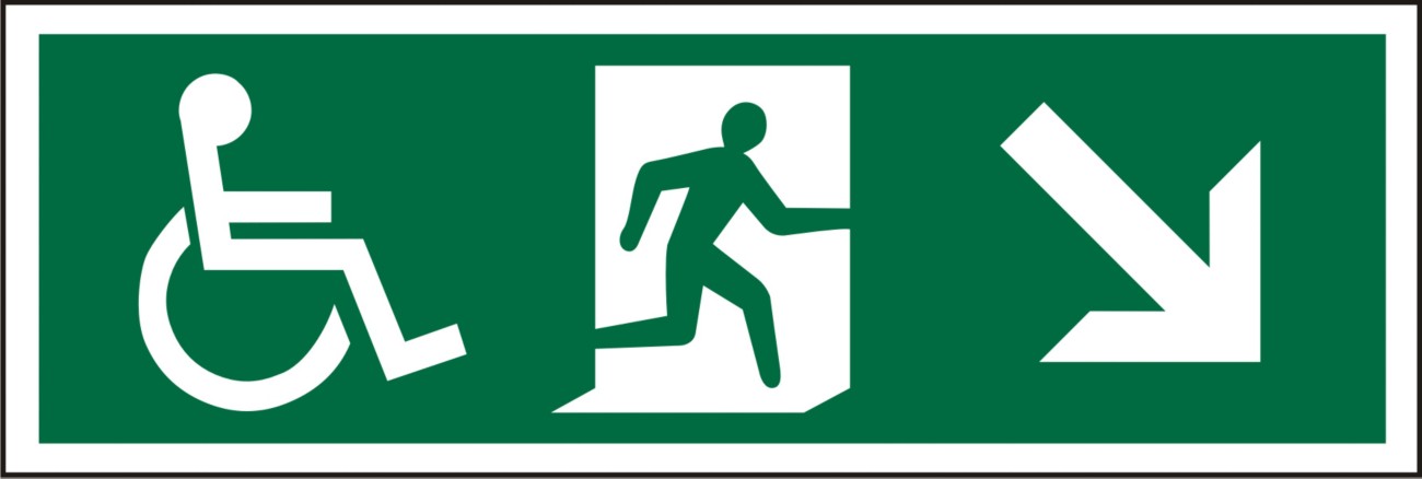 Fire Exit Sign Wheel Chair Down Right Arrow Adhesive Acrylic 15 x 45 cm