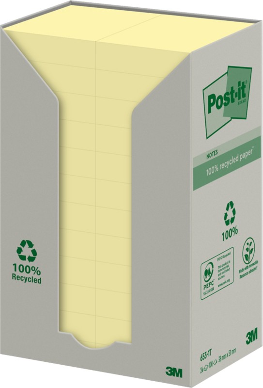 Post-it Haftnotizen PEFC zertifiziert Recycelt 100% 51 x 38 mm Kanariengelb 24 Blöcke à 100 Blatt