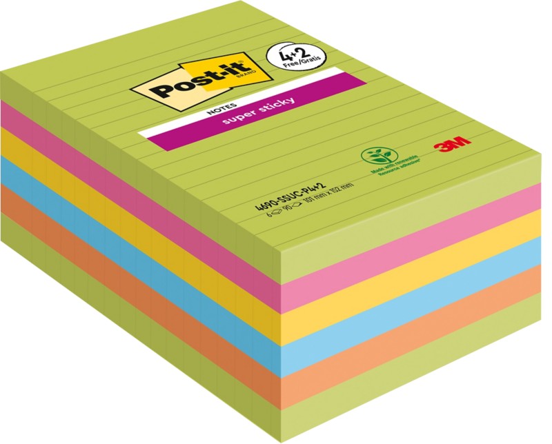 Post-it Super Sticky Haftnotizen 101 x 152 mm Farbig Sortiert Rechteckig Liniert 90 Blatt Vorteilspackung 4 + 2 Gratis