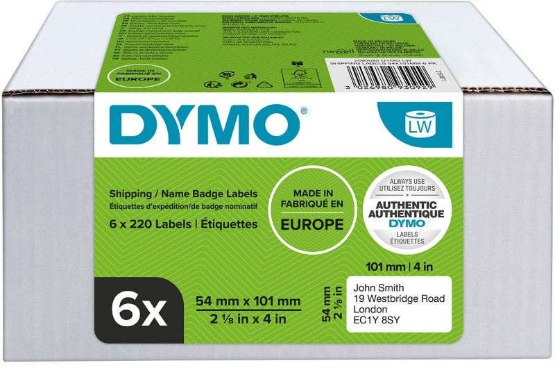 Dymo LW 2093092 / 99014 Authentic Versand-/Namensschildetiketten Selbstklebend Weiß 54 x 101 mm 6 Rollen à 220 Etiketten