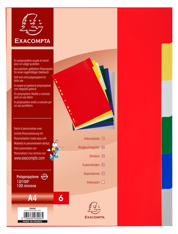 Exacompta Blanko Register DIN A4 Farbig Sortiert 6-teilig PP (Polypropylen) 11 Löcher 3006E 100 Stück