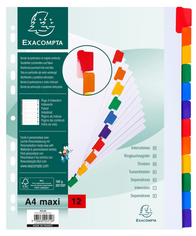 Exacompta Blanko Register DIN A4 Maxi Farbig Sortiert 12-teilig Pappkarton 18 Löcher 4312E 20 Stück