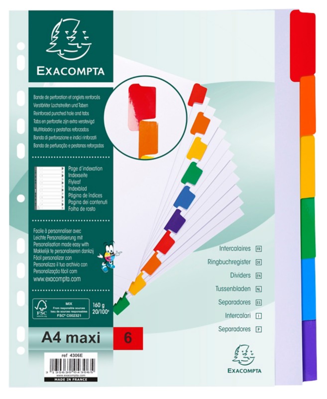 Exacompta Blanko Register DIN A4 Maxi Farbig Sortiert 6-teilig Pappkarton 18 Löcher 4306E 20 Stück