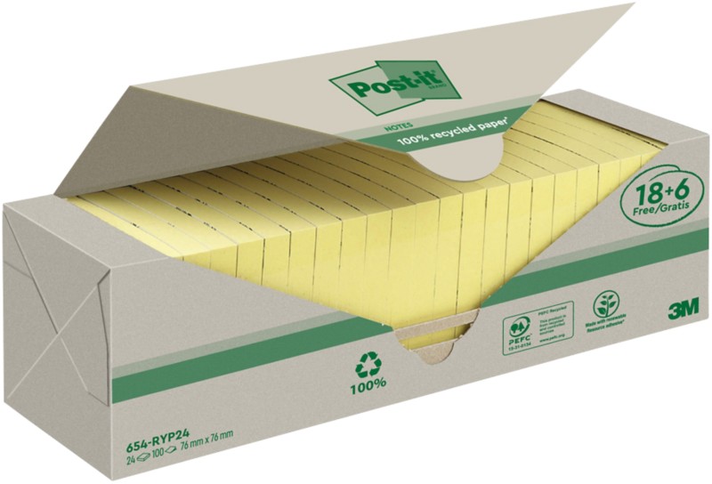 Post-it Recycelte Haftnotizen 76 x 76 mm Kanariengelb 100 Blatt Vorteilspackung 18 + 6 Gratis