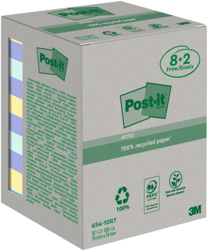 Post-it Recycelte Haftnotizen 76 x 76 mm Pastell 100 Blatt Vorteilspackung 8 + 2 Gratis